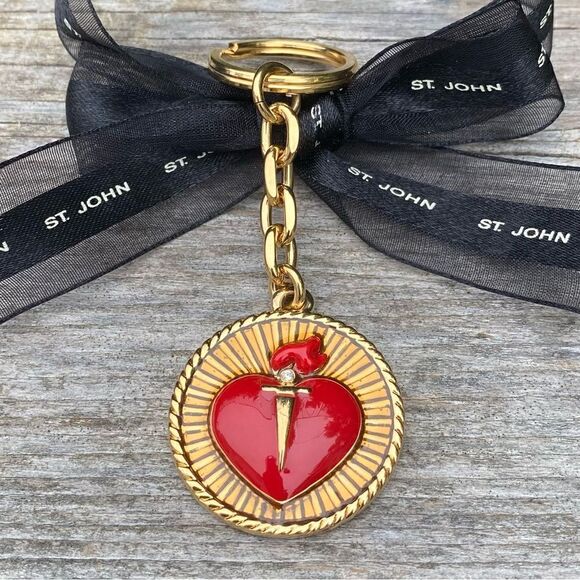 St. John Gold & Red Logo Heart Key Chain/Bag Charm. New NWOT Designer Luxury